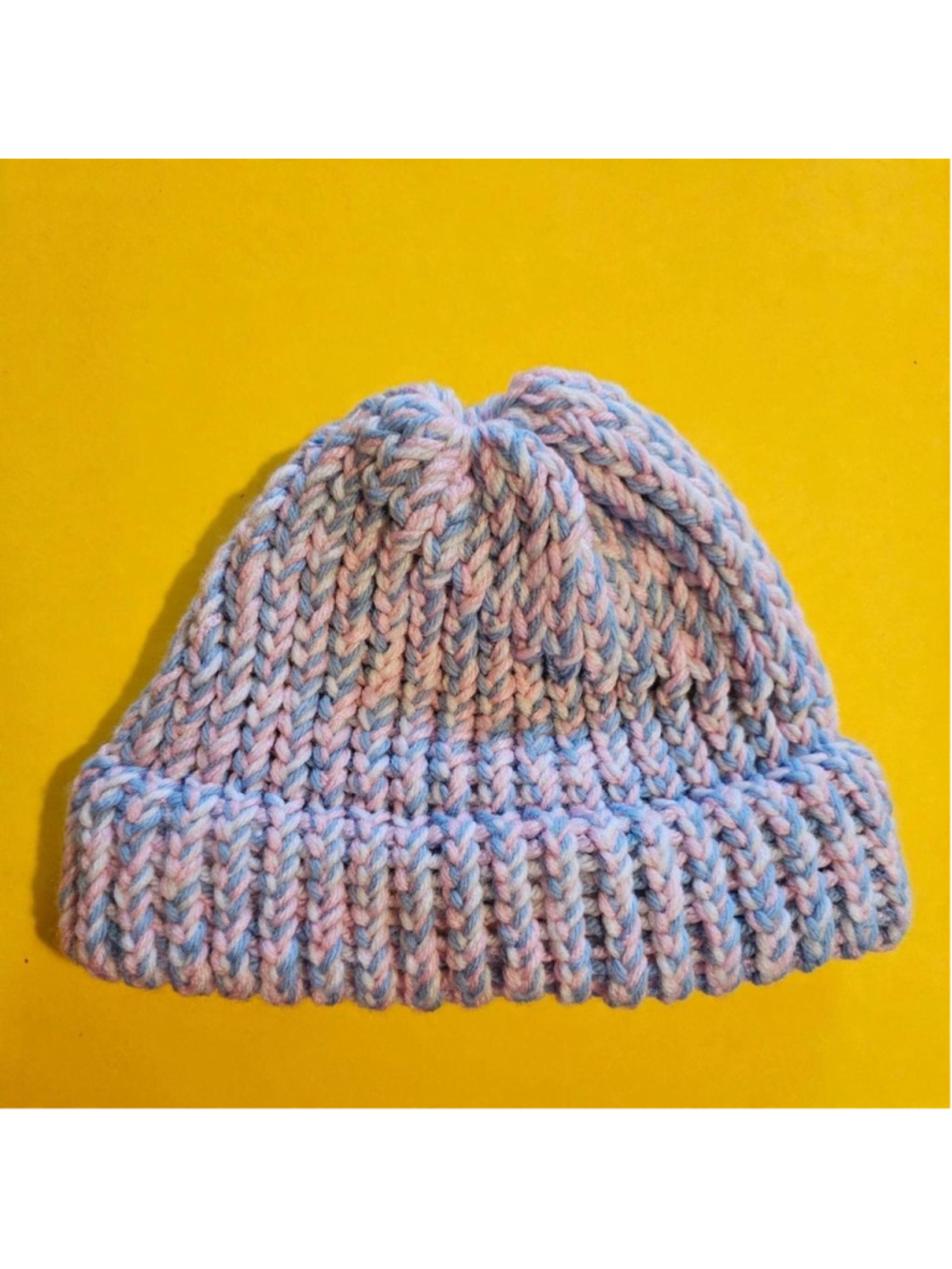 Handmade knit beanie in pink, blue, and gray #handmade #knitwear